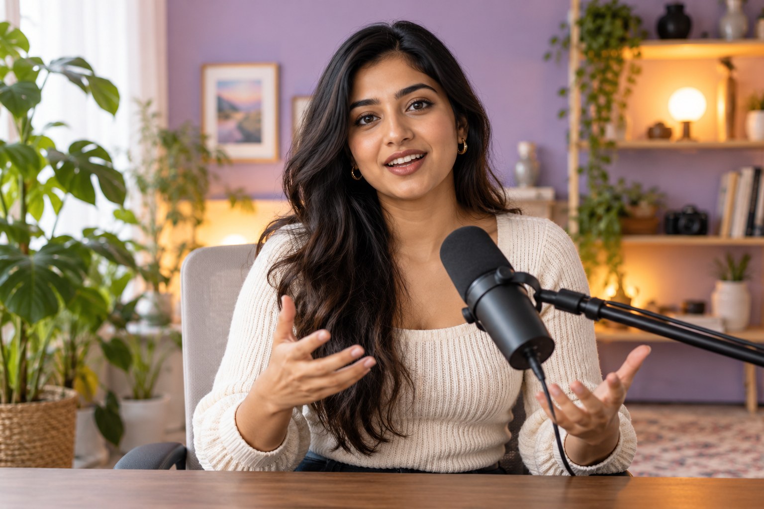 Illustrative creator recording a conversation in a home studio